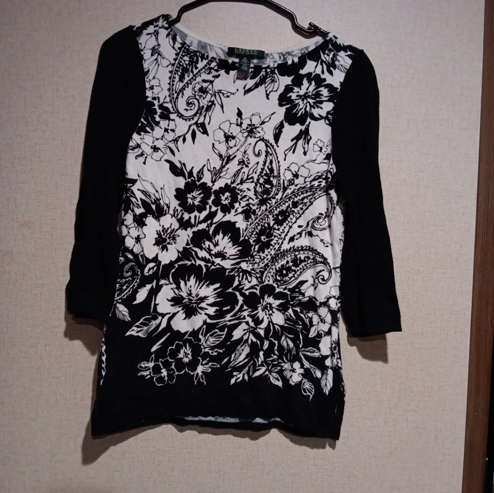 Lauren Ralph Lauren Floral Paisley Print Black And White Top Size M